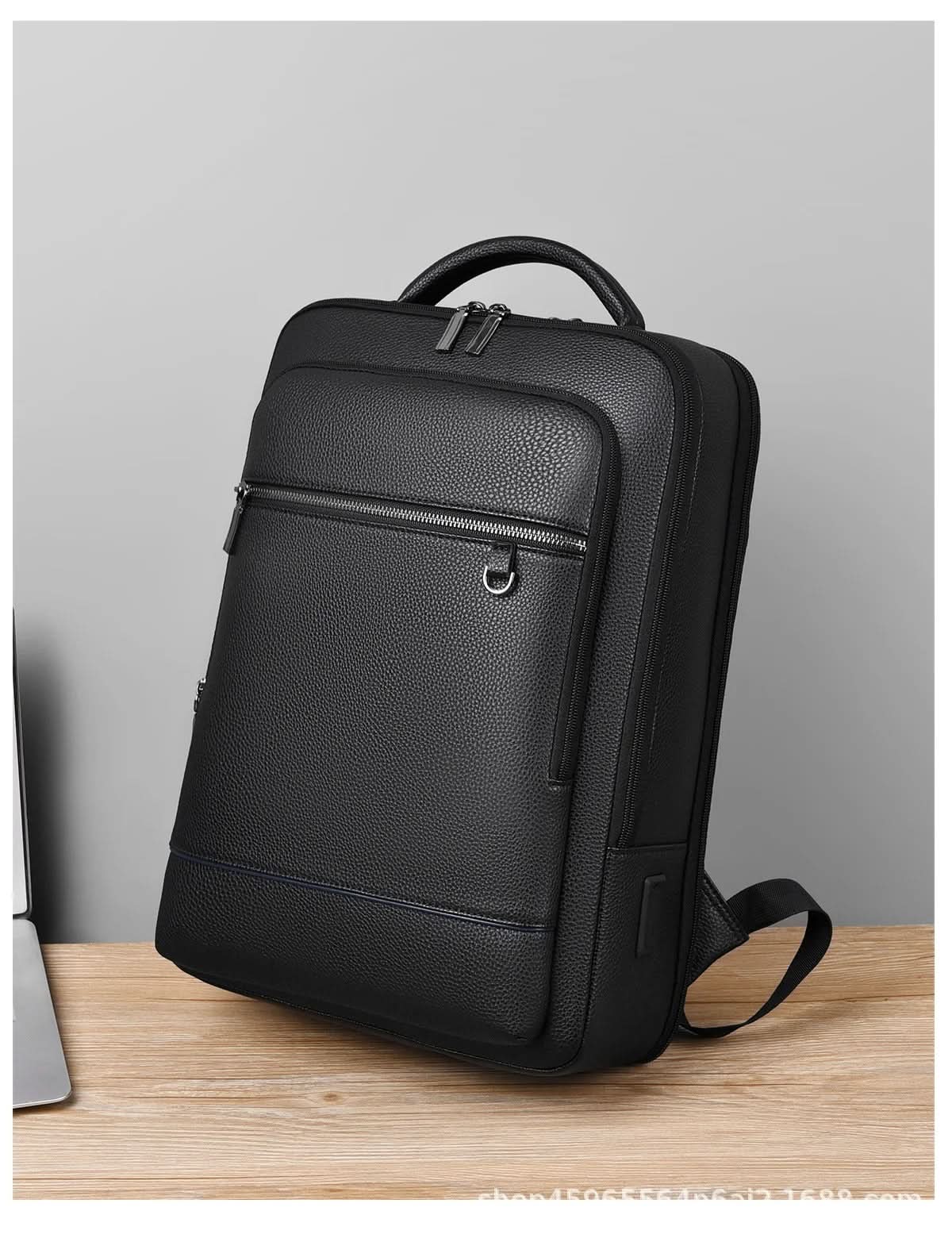 Stylish Leather Backpack with USB Port, 15.6 Inch, Black