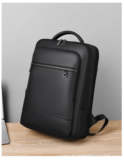 Stylish Leather Backpack with USB Port, 15.6 Inch, Black