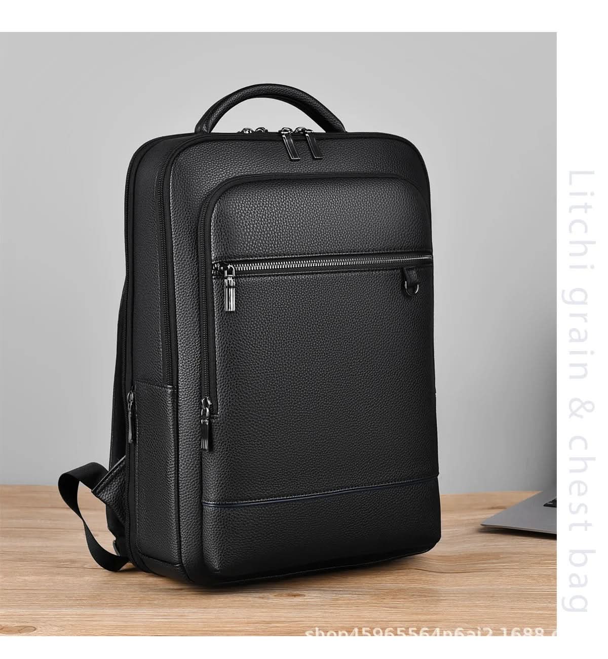 Stylish Leather Backpack with USB Port, 15.6 Inch, Black