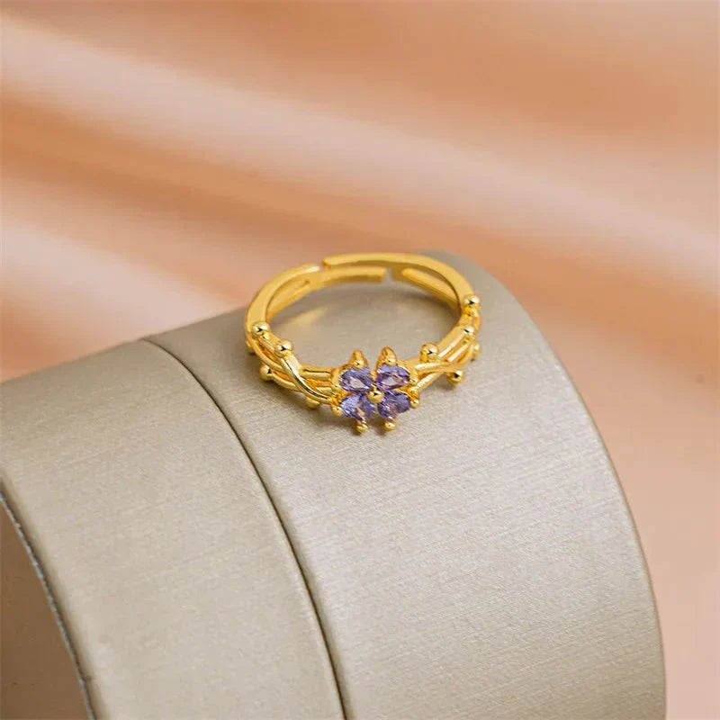 Purple Flower Adjustable Gemstone Ring