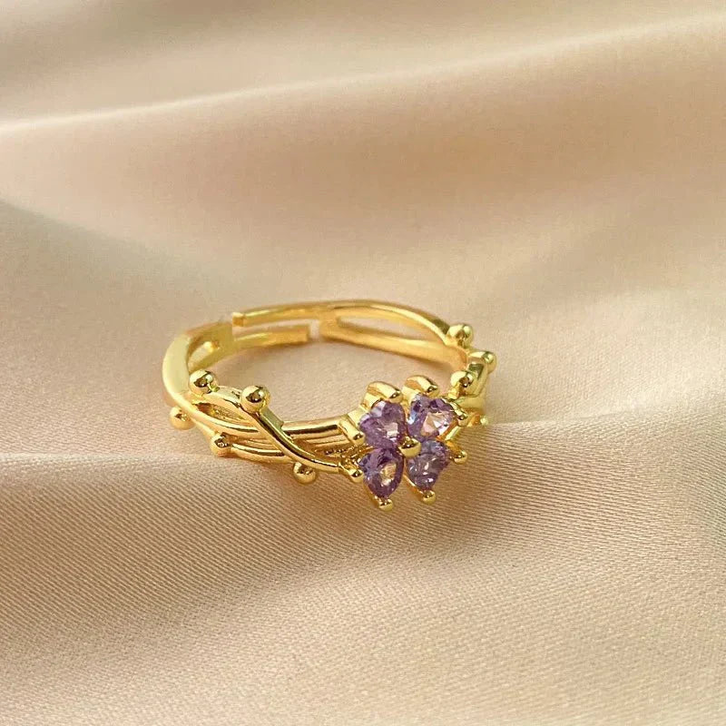 Purple Flower Adjustable Gemstone Ring