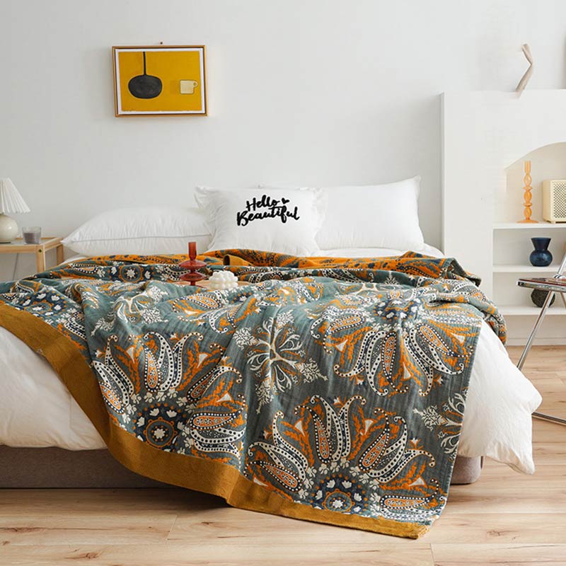 Natural Floral Reversible Quilt - Lightweight Cotton in Navy Blue