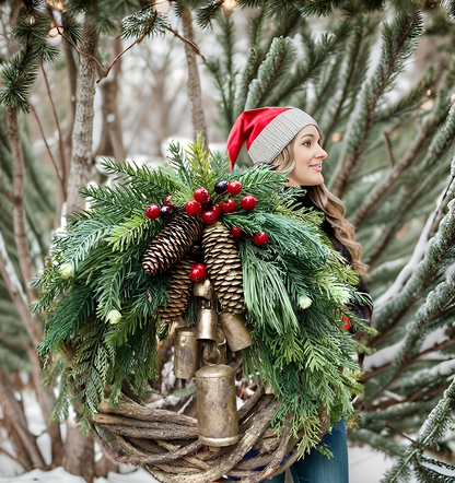 Rustic Christmas Wreath with Pinecones and Bells
