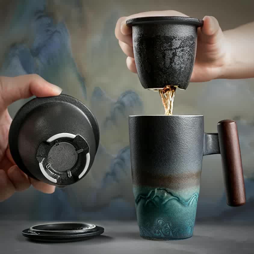 Vintage Tea Infuser Mug with Wooden Grip