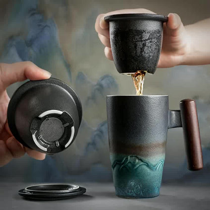 Vintage Tea Infuser Mug with Wooden Grip