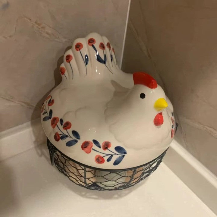 Farm Fresh Ceramic Egg Holder with Metal Basket