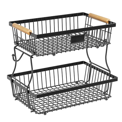 Space Saving 2 Tier Metal Fruit Stand with Hanging Hooks