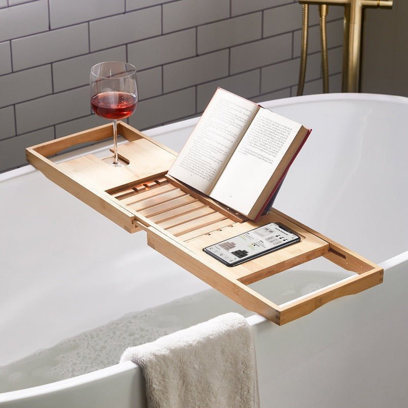 Luxury Bamboo Bathtub Tray with Wine Holder - Cofik