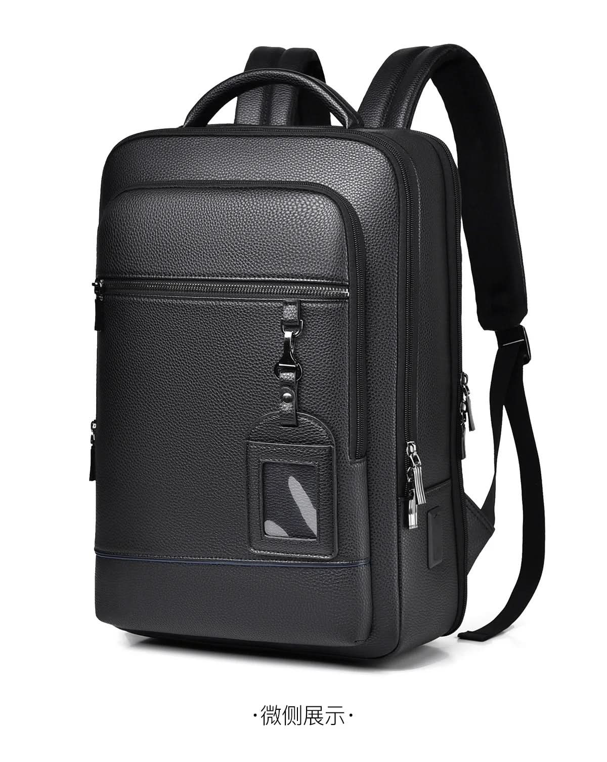 Stylish Leather Backpack with USB Port, 15.6 Inch, Black