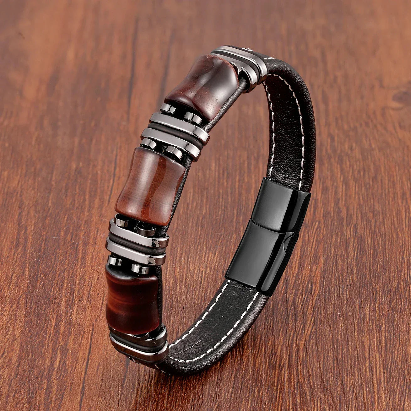 Men's Genuine Leather Tiger Eye Bead Bracelet