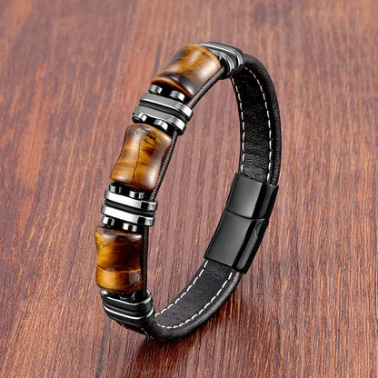 Men's Brown Leather Tiger Eye Gemstone Bracelet