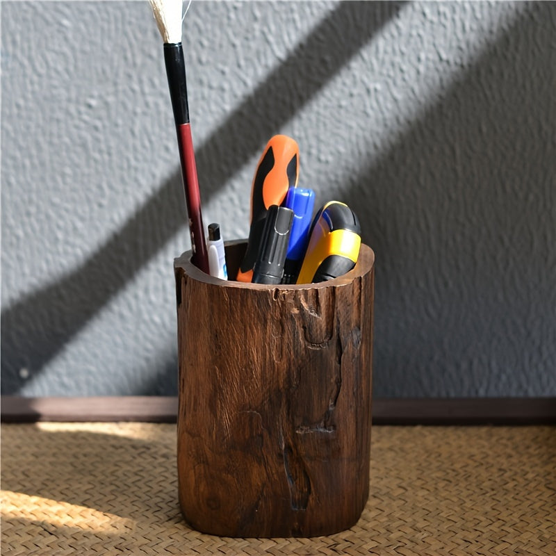Rustic Wooden Desk Pen Holder - Natural Wooden Finish