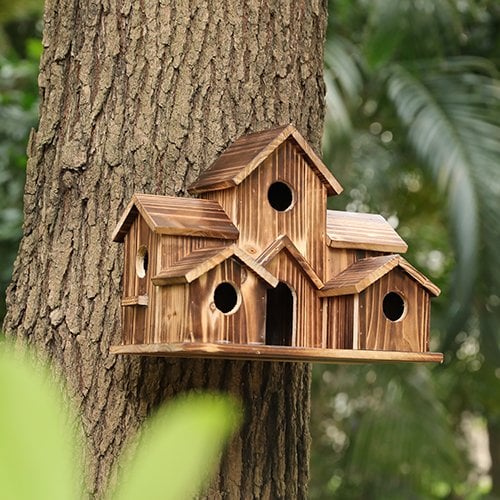 Natural Wood Bird Feeder with 6 Compartments