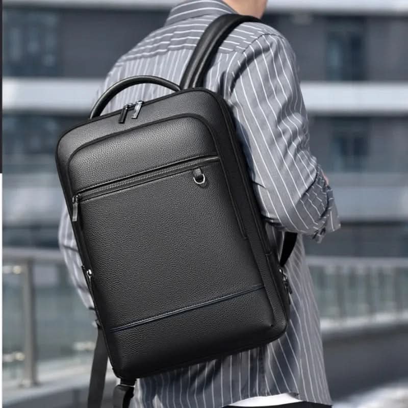Stylish Leather Backpack with USB Port, 15.6 Inch, Black