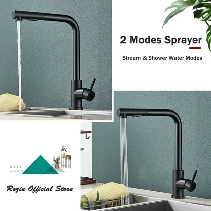 Charly | Black Pull-Out Kitchen Faucet - Flexible 2-Mode Stream and Spray Head, Stainless Steel Hot-Cold Water Mixing Tap