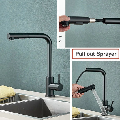 Charly | Black Pull-Out Kitchen Faucet - Flexible 2-Mode Stream and Spray Head, Stainless Steel Hot-Cold Water Mixing Tap