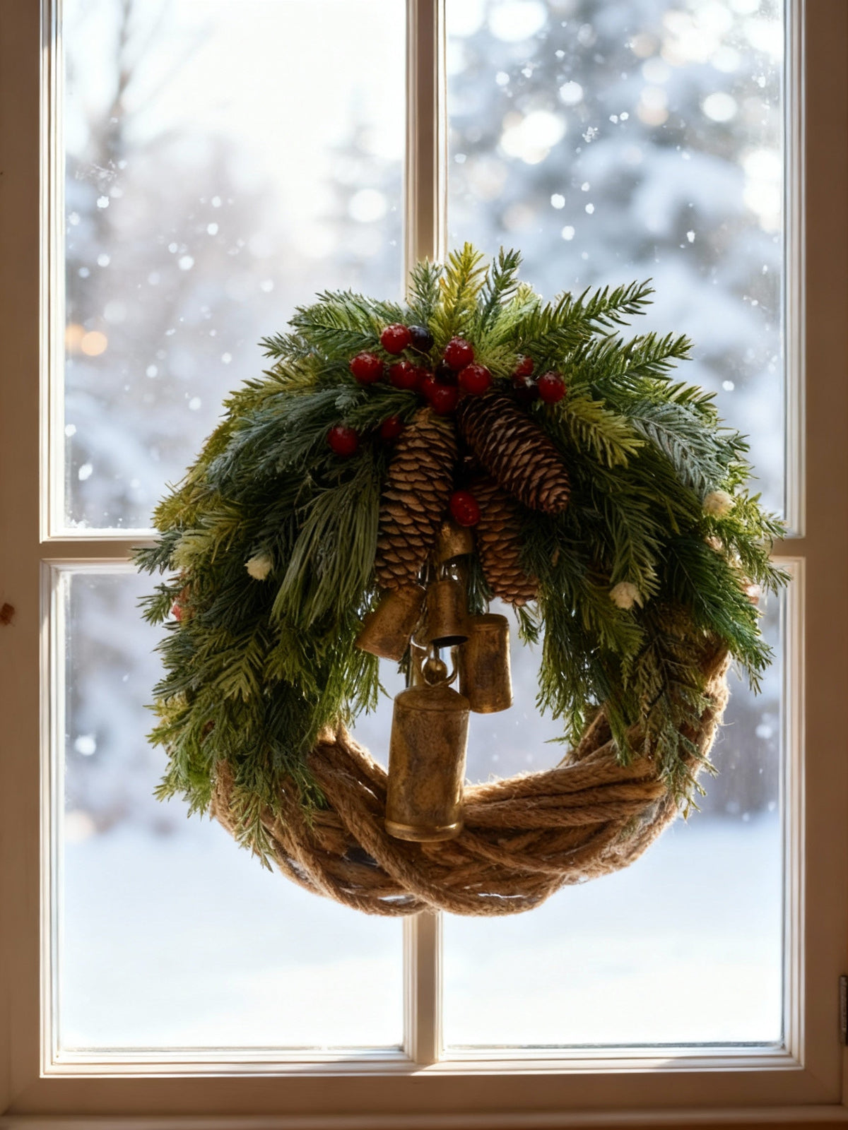 Charly | Handmade Bohemian Winter Wreath | Bells, Pinecones & Berries | 43 cm | Indoor/Outdoor
