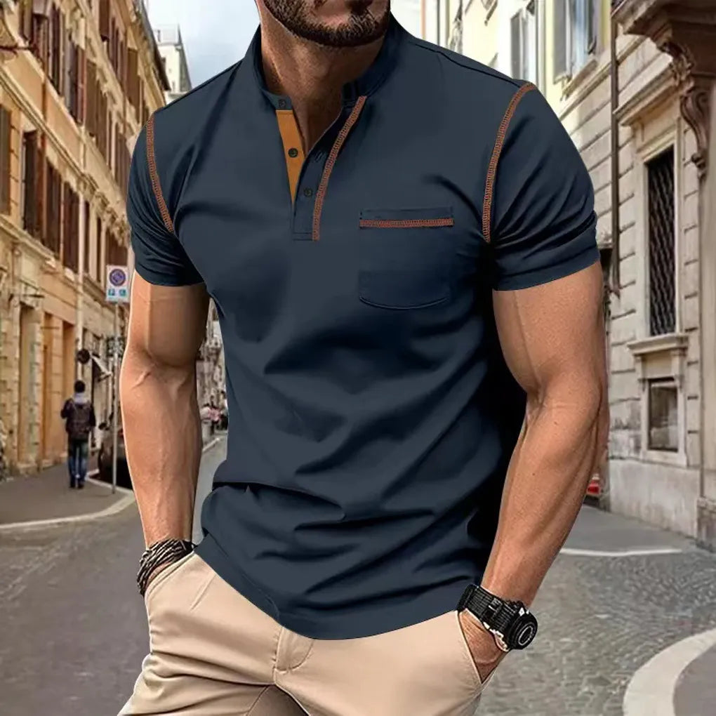 Charly | Men's Band Collar Polo Shirt with Contrast Stitching
