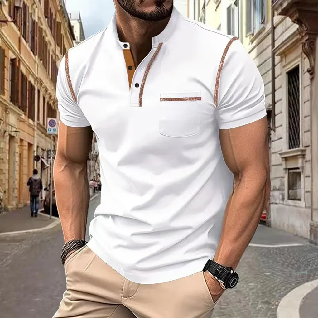 Charly | Men's Band Collar Polo Shirt with Contrast Stitching