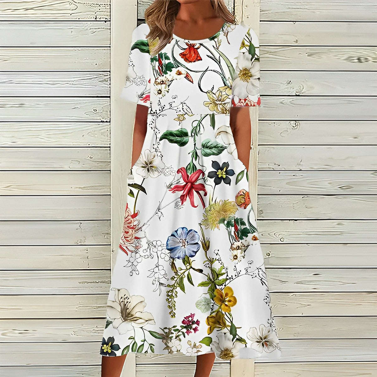 Charly - Stylish White Dress with Floral Pattern