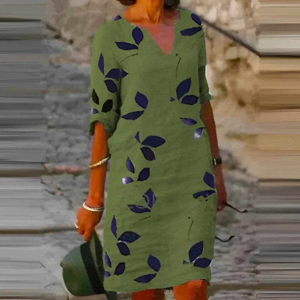 Charly | Women's A-line Midi Dress with Leaf Print