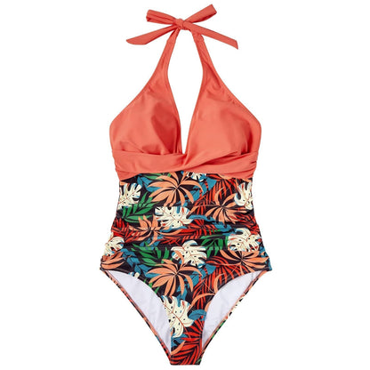 Charly | Women's One-Piece Swimsuit Halter Neck Tropical Print