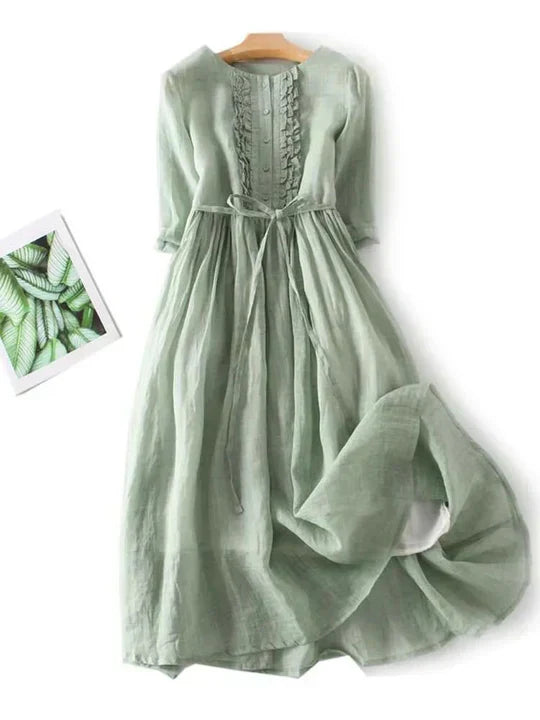 Charly | Women's Ruffled Button Midi Dress with Tie Waist