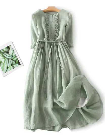 Charly | Women's Ruffled Button Midi Dress with Tie Waist