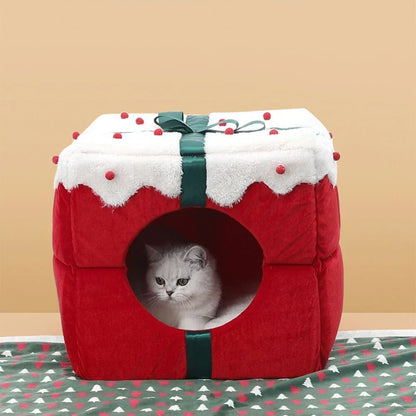 Christmas 2-in-1 Pet Cave Bed with Non-Slip Base