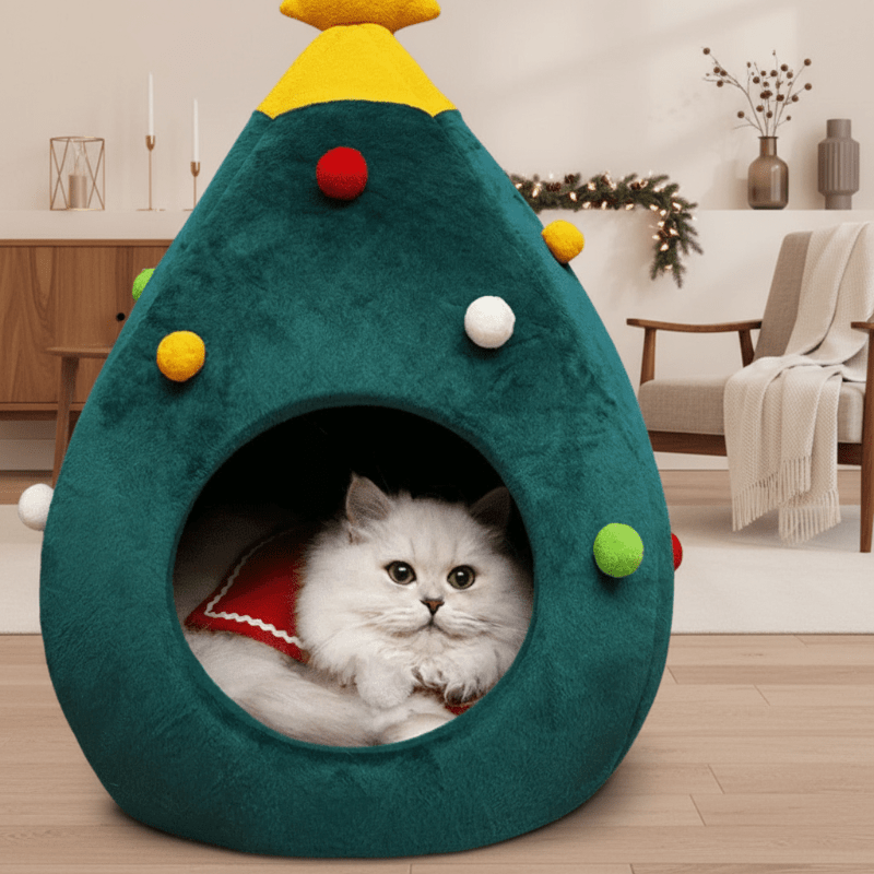 Christmas Tree Cat Bed - Plush Cushioned Feline Lounger
