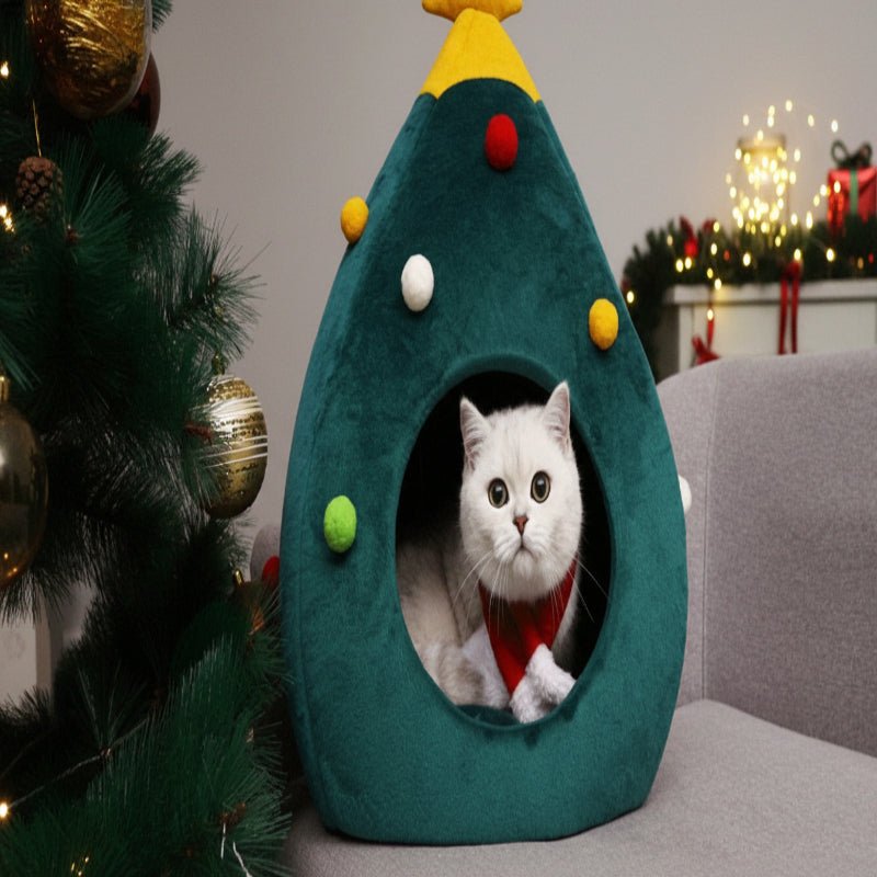 Christmas Tree Cat Bed - Plush Cushioned Feline Lounger