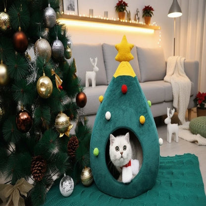 Christmas Tree Cat Bed - Plush Cushioned Feline Lounger