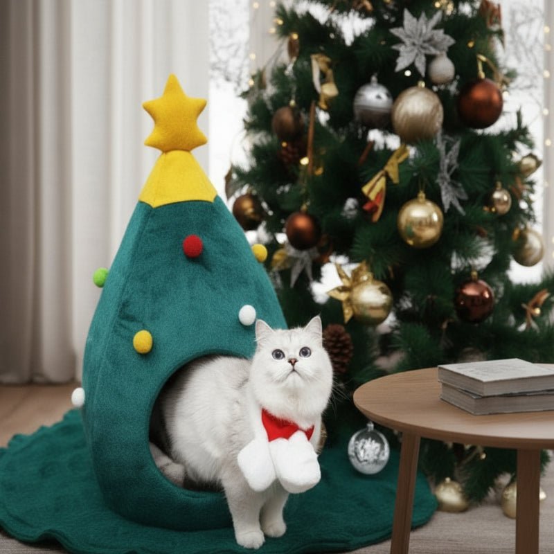 Christmas Tree Cat Bed - Plush Cushioned Feline Lounger