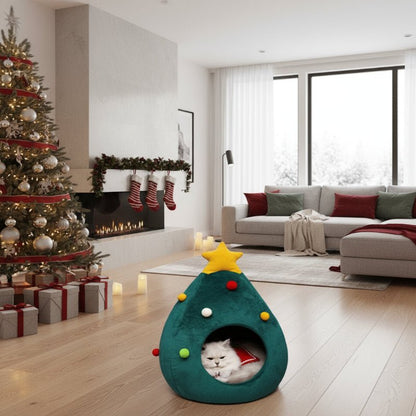 Christmas Tree Cat Bed - Plush Cushioned Feline Lounger