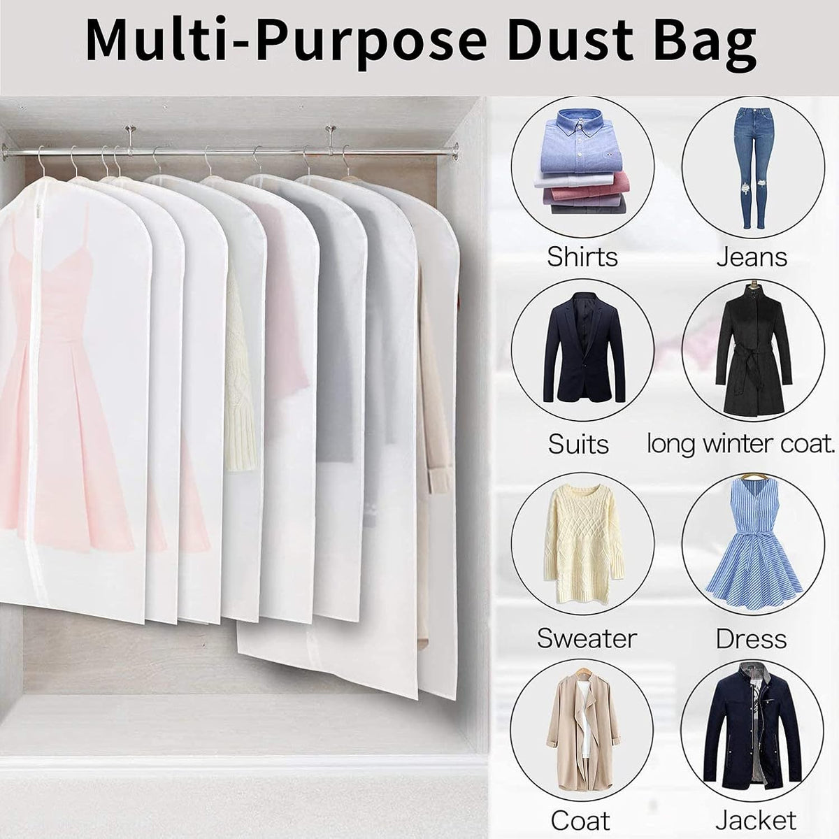 Clear PEVA Garment Storage Bags – 12 Pack Dustproof Clothes Protectors