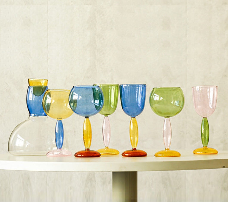 Colorful Glass Chalice and Carafe Set