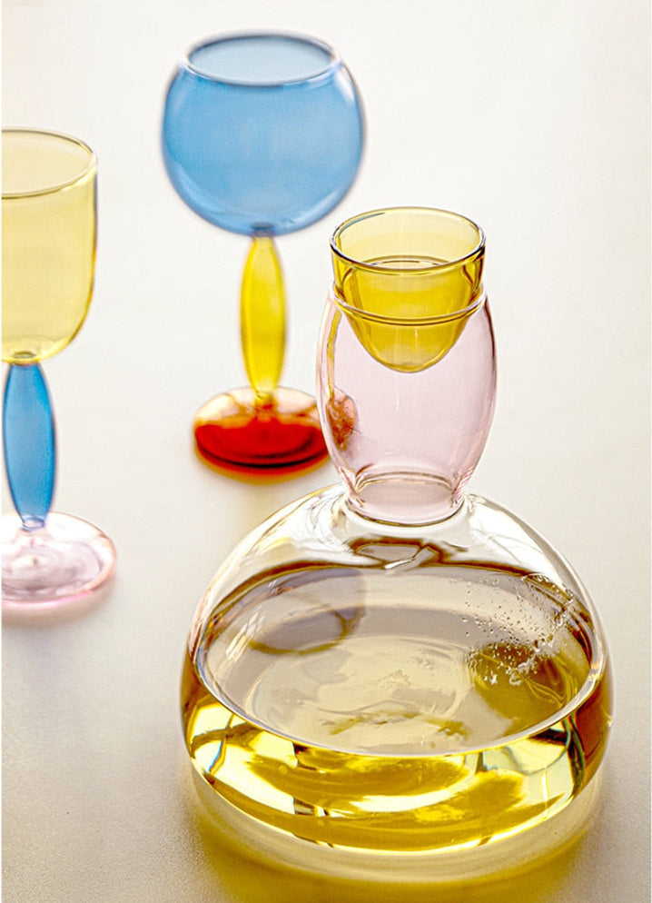 Colorful Glass Chalice and Carafe Set