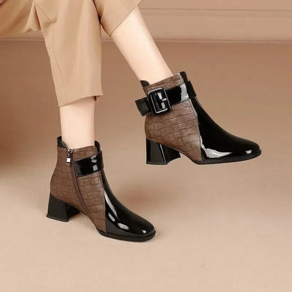 Croc-Effect Block-Heel Ankle Boots with Chic Buckle