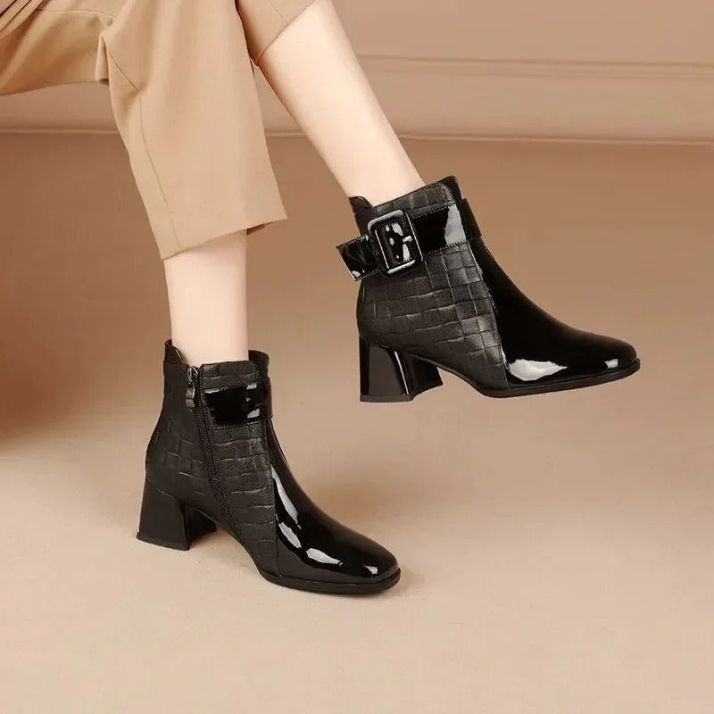 Croc-Effect Block-Heel Ankle Boots with Chic Buckle