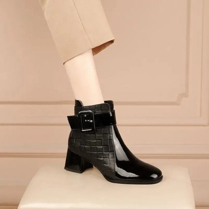 Croc-Effect Block-Heel Ankle Boots with Chic Buckle