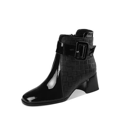 Croc-Effect Block-Heel Ankle Boots with Chic Buckle