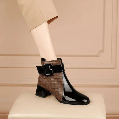 Croc-Effect Block-Heel Ankle Boots with Chic Buckle