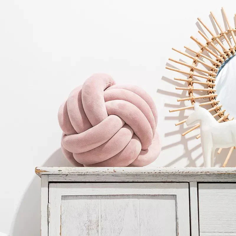Plush Cushion with Knotted Suede Ball Accent