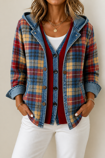Denim-Trim Hooded Knit Cardigan