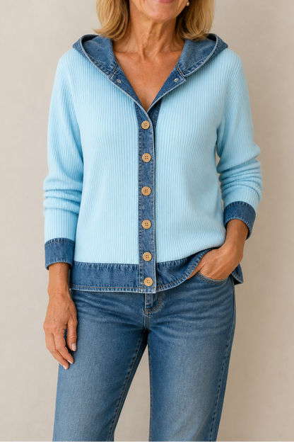 Denim-Trim Hooded Knit Cardigan