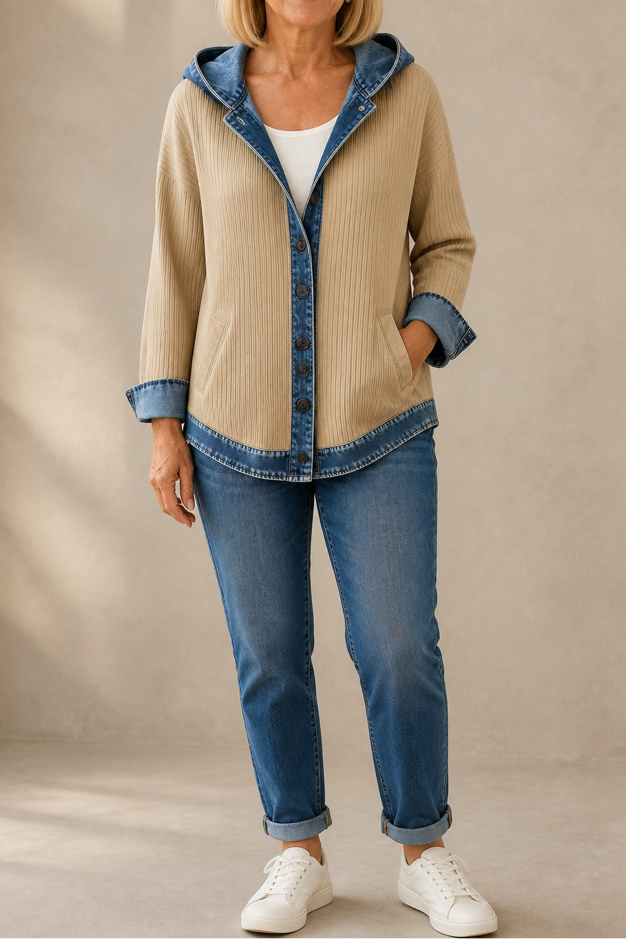 Denim-Trim Hooded Knit Cardigan