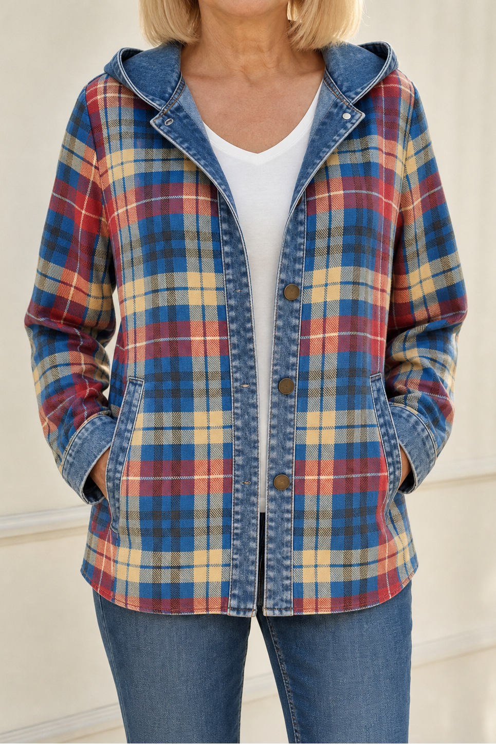 Denim-Trim Hooded Knit Cardigan