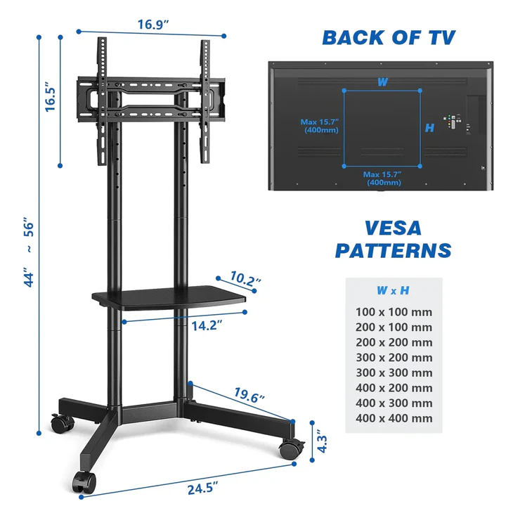 Portable TV Cart with Wheels and Storage Shelf