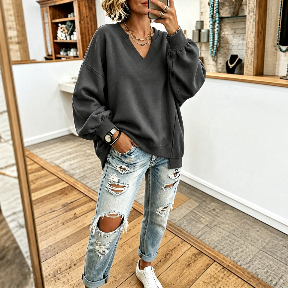 Drop-Shoulder Puff Sleeve Split-Hem Sweatshirt
