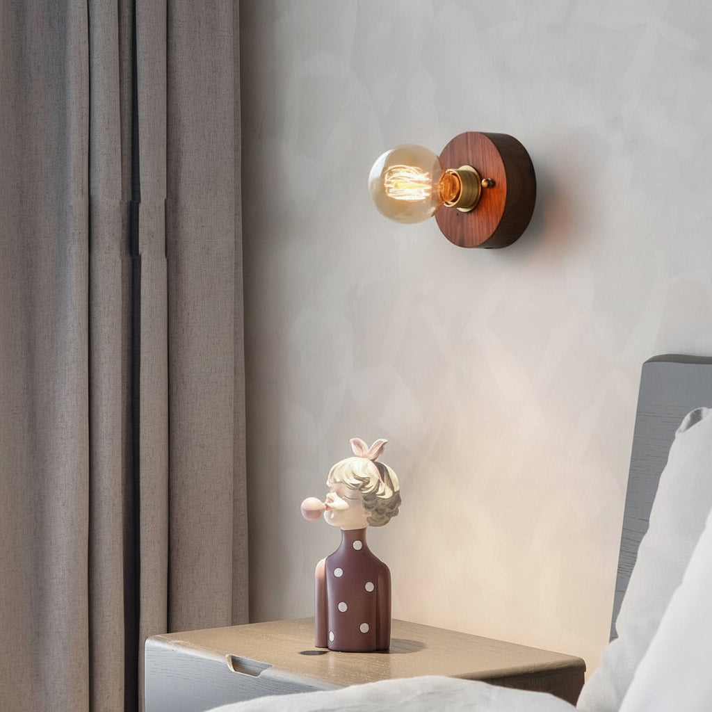 Rustic Wooden Bedside Wall Light with Pull Chain